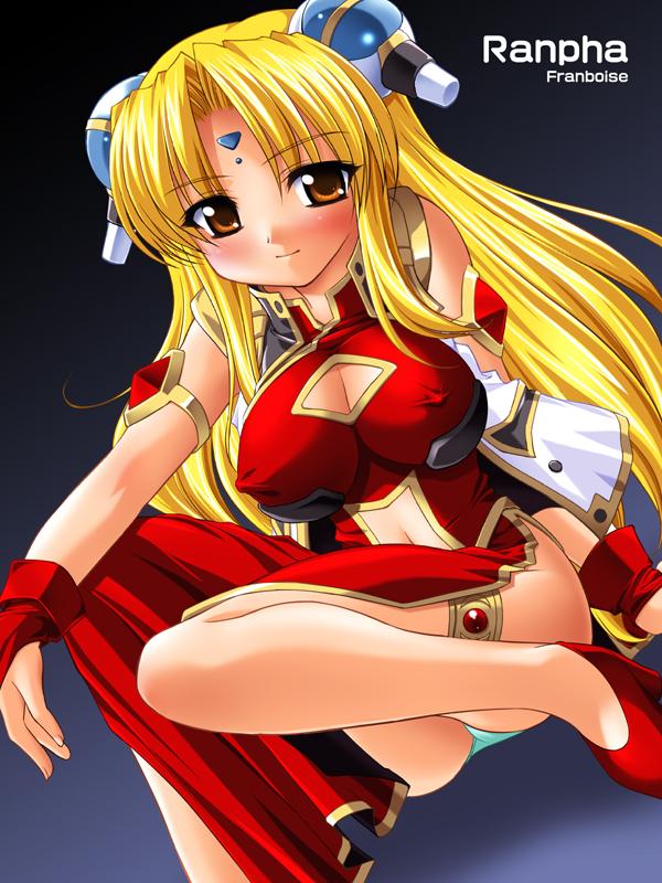 artist_request blonde_hair blush breasts brown_eyes character_name china_dress chinese_clothes cleavage cleavage_cutout covered_nipples dress fingerless_gloves galaxy_angel gloves green_panties hair_ornament high_heels large_breasts long_hair military military_uniform navel navel_cutout panties pantyshot pantyshot_(squatting) pelvic_curtain ranpha_franboise shoes solo squatting underwear uniform upskirt