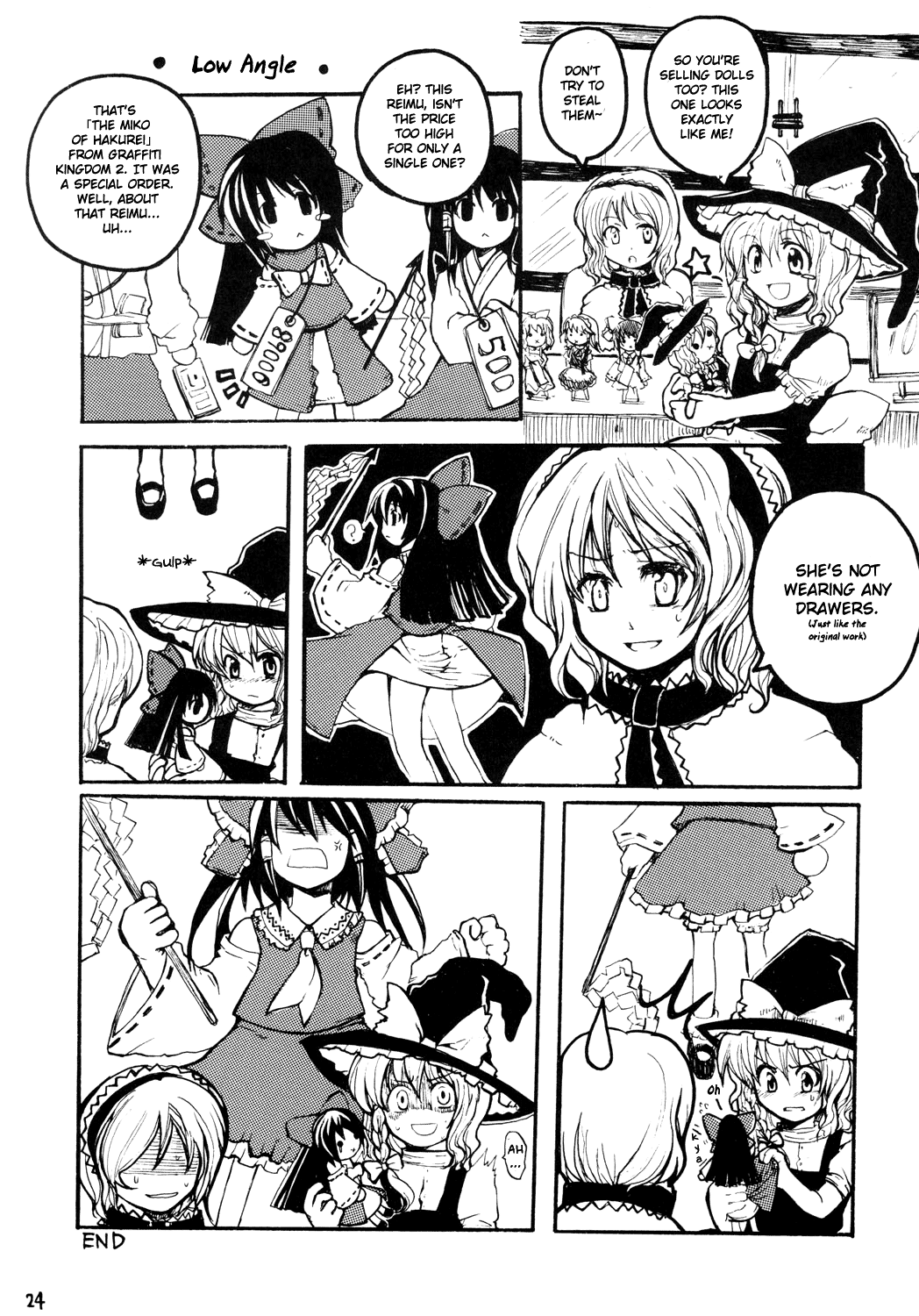 alice_margatroid anger_vein blush_stickers bow comic doll gohei greyscale hairband hakurei_reimu hard_translated hat highres kirisame_marisa monochrome multiple_girls no_panties shide star sweatdrop tako_(plastic_protein) teardrop touhou translated witch_hat you_gonna_get_raped