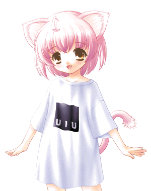ahoge animal_ears artist_request blush brown_eyes cat_ears cat_tail gif_artifacts lowres nyan_nyako_nyan open_mouth pink_hair shirt solo t-shirt tail transparent_background
