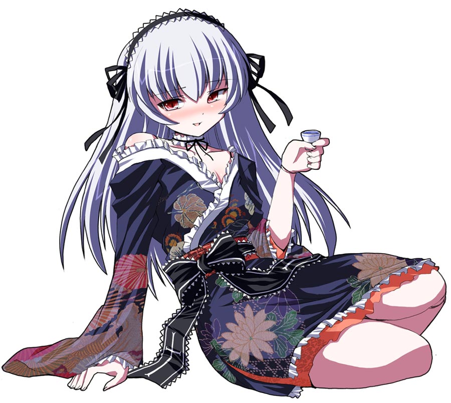 alcohol alternate_costume doll_joints japanese_clothes long_hair long_sleeves new_year pale_skin red_eyes rozen_maiden sake shinshin silver_hair solo suigintou