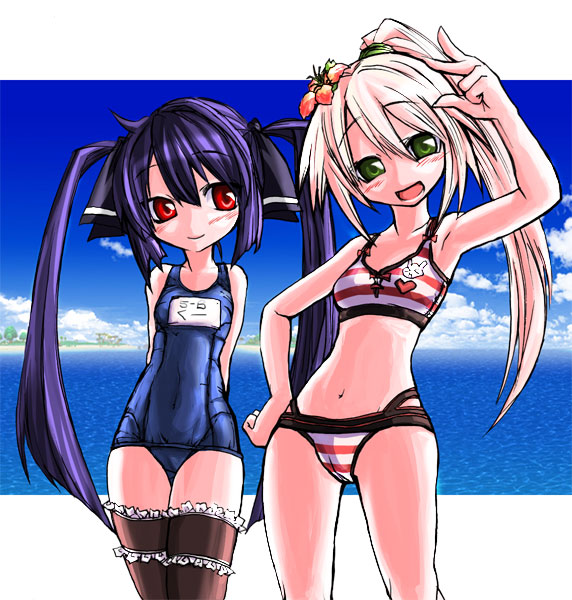 beach bikini day hana_(pangya) kobayashi_tetsuya kooh multiple_girls name_tag one-piece_swimsuit pangya school_swimsuit swimsuit thighhighs