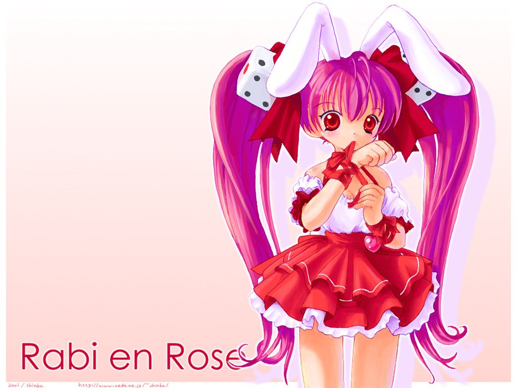 2001 animal_ears artist_name bare_shoulders bunny_ears character_name di_gi_charat dice dice_hair_ornament hair_ornament long_hair mouth_hold pink pink_background pink_hair red_eyes red_skirt ribbon ribbon_in_mouth skirt solo twintails usada_hikaru wallpaper yama_(shinanoya)