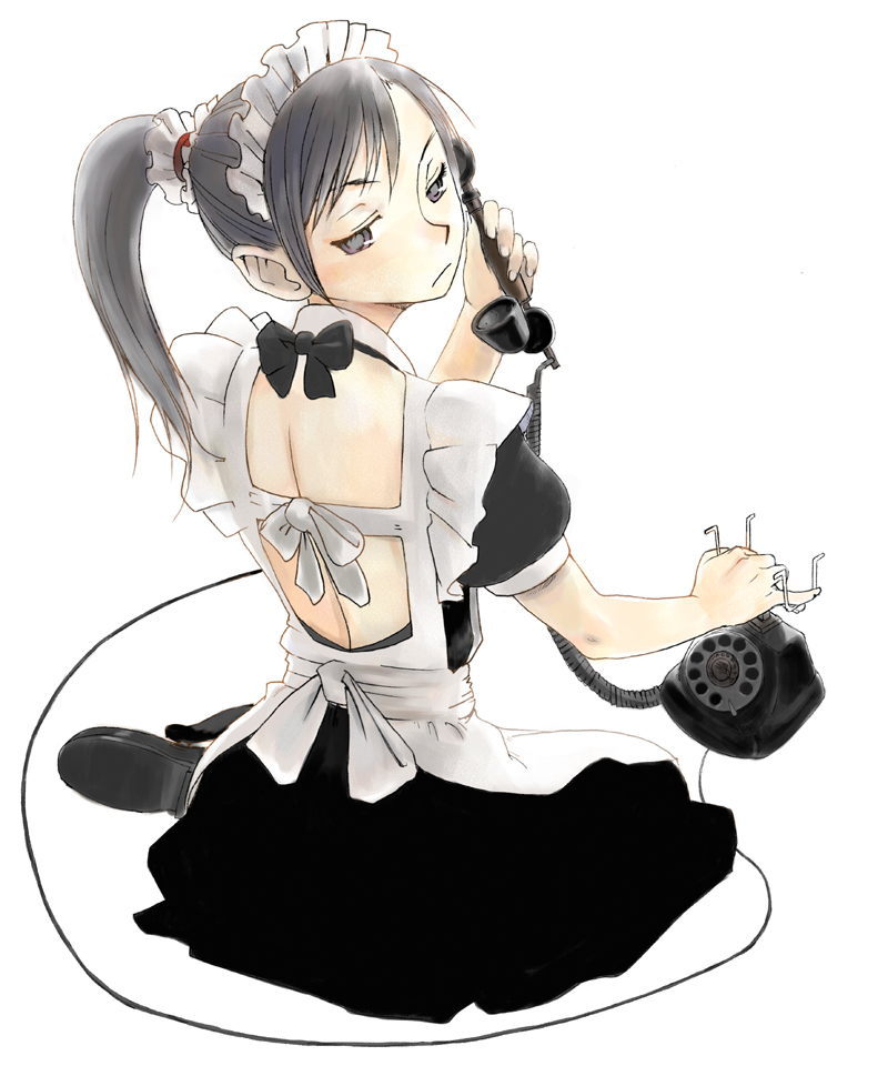 artist_request corded_phone looking_back maid maid_headdress original phone ponytail solo