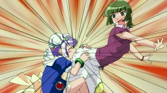 angel_wings ass_biting bent_over biting blush blush_stickers bow bracelet bun_cover child closed_eyes double_bun green_eyes green_hair hair_ornament hairclip hungry jewelry kaguya_(popotan) mii_(popotan) multiple_girls non-web_source open_mouth outstretched_arms popotan purple_hair screencap short_hair skirt spread_arms surprised surprised_arms wings