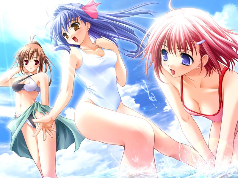 :d ahoge arm_at_side arm_behind_back asou_suzune backlighting bent_over bikini black_bikini blue_eyes blue_hair blue_sarong blush bow breasts brown_eyes brown_hair casual_one-piece_swimsuit cleavage cleavage_cutout clenched_hand closed_mouth cloud collarbone criss-cross_halter day floating_hair foreshortening from_below game_cg hair_intakes hair_ornament hair_ribbon hairclip halterneck hand_on_own_cheek hand_on_own_chest happy high_ponytail highleg highleg_bikini jewelry knees_together_feet_apart kouda_chinatsu legs lens_flare light_rays light_smile long_hair looking_afar looking_at_viewer looking_to_the_side masaharu medium_breasts multiple_girls navel ocean one-piece_swimsuit open_mouth outdoors pink_bikini pink_hair pink_ribbon ponytail purple_eyes ribbon ring sarong shirase_ui short_hair sky smile standing sun sunbeam sunlight swimsuit taut_clothes taut_swimsuit ui-chan_no_niizuma_diary wading water wedding_band white_bikini white_bow white_swimsuit