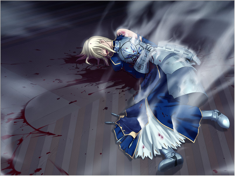 armor armored_dress artoria_pendragon_(all) blonde_hair blood blood_from_mouth blood_on_face dress fate/stay_night fate_(series) game_cg hair_over_eyes injury saber smoke solo steam steaming_body takeuchi_takashi torn_clothes