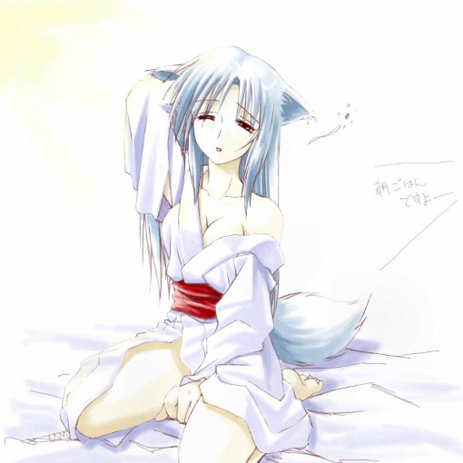 animal_ears artist_request barefoot bed breasts cat_ears cleavage gingitsune_(ukagaka) japanese_clothes kimono long_hair long_sleeves medium_breasts off_shoulder one_eye_closed open_mouth red_eyes silver_hair sitting sleepy solo tail ukagaka