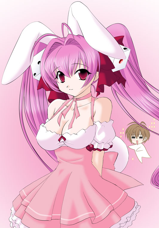 1girl animal_ears bow breasts bunny_ears character_request di_gi_charat dice_hair_ornament dress hair_ornament large_breasts pink_bow pink_hair red_eyes usada_hikaru