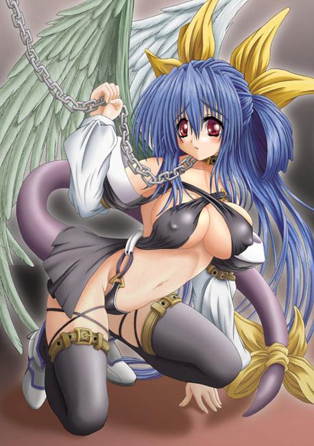 artist_request asymmetrical_wings blue_hair boots bow breasts chain cleavage collar covered_nipples dizzy guilty_gear hair_bow kneeling large_breasts long_hair midriff navel red_eyes ribbon solo tail tail_ribbon thighhighs very_long_hair wings