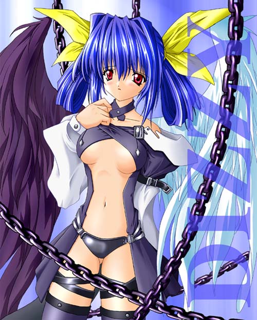 artist_request asymmetrical_wings bad_anatomy blue_hair chain dizzy guilty_gear long_sleeves red_eyes solo thighhighs wings