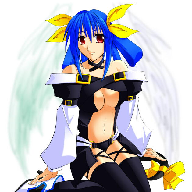 artist_request asymmetrical_wings blue_hair dizzy guilty_gear red_eyes ribbon solo tail tail_ribbon thighhighs wings