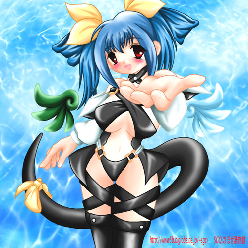 artist_request asymmetrical_wings blue_hair dizzy guilty_gear long_sleeves lowres red_eyes ribbon solo tail tail_ribbon thighhighs wings