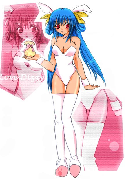 animal_ears artist_request blue_hair blush bow breasts bunny_ears bunnysuit character_name cleavage dizzy english full_body guilty_gear hair_ribbon holding knees_together_feet_apart large_breasts long_hair looking_at_viewer no_wings parted_lips pink_bow pink_ribbon pouch red_eyes ribbon shoes solo thigh_gap thighhighs white_legwear yellow_ribbon zoom_layer