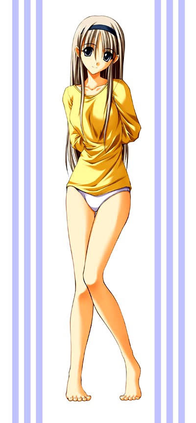 arms_behind_back artist_request blue_eyes brown_hair copyright_request hairband long_hair long_sleeves no_pants panties shirt solo standing thigh_gap underwear white_panties