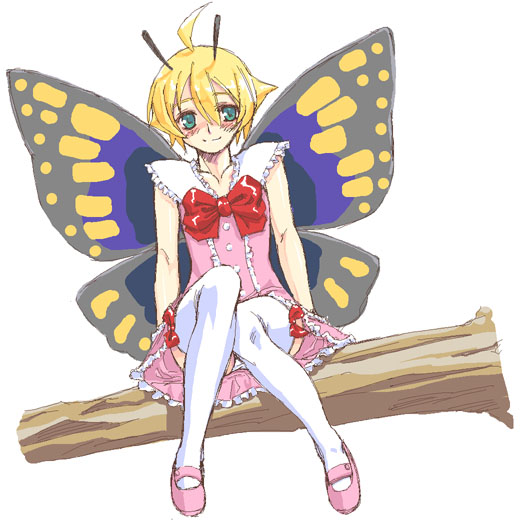 antennae blonde_hair blush bug butterfly fairy insect mary_janes satou_atsuki shimon shimotsuma shoes solo thighhighs wings