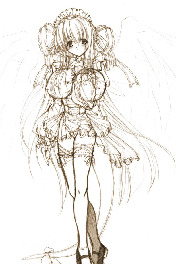 bangs covered_nipples dizzy guilty_gear maid monochrome shujin sketch solo tail thighhighs wings