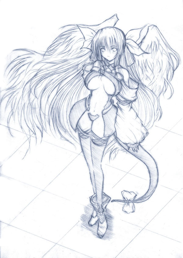 amami_fuu dizzy guilty_gear long_sleeves monochrome solo tail thighhighs wings