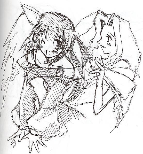 :d asymmetrical_wings blush dizzy greyscale guilty_gear ibuki_pon long_hair long_sleeves monochrome multiple_girls one_eye_closed open_mouth sketch smile twintails undine_(guilty_gear) v wings
