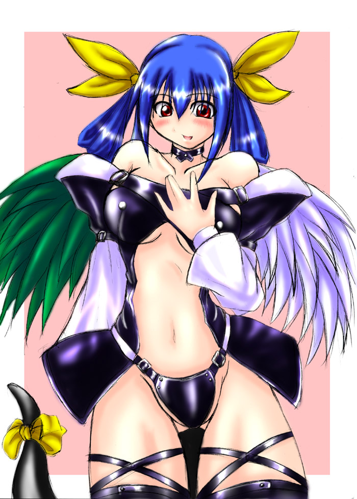 artist_request asymmetrical_wings blue_hair dizzy guilty_gear red_eyes ribbon solo tail tail_ribbon thighhighs wings