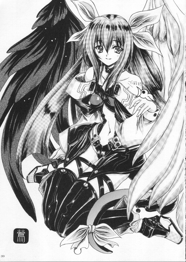 asymmetrical_wings boots bow dizzy greyscale guilty_gear hair_bow kacchu_musume long_hair long_sleeves midriff monochrome navel non-web_source ribbon smile solo tail tail_ribbon thighhighs twintails wings