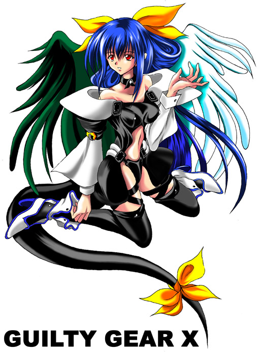 artist_request asymmetrical_wings blue_hair dizzy guilty_gear long_sleeves red_eyes ribbon solo tail tail_ribbon thighhighs wings
