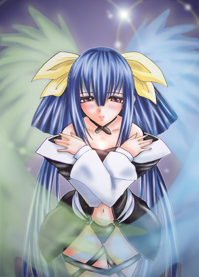 artist_request asymmetrical_wings blue_hair blush crossed_arms dizzy guilty_gear long_sleeves red_eyes solo tail wings