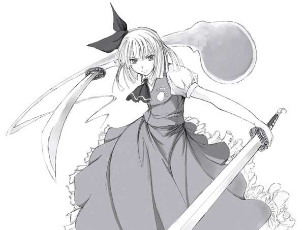 &gt;:( ascot bangs blunt_bangs bob_cut bow dual_wielding fighting_stance frown gin'ichi_(akacia) greyscale hair_bow hitodama holding katana konpaku_youmu konpaku_youmu_(ghost) looking_at_viewer monochrome outstretched_arms perspective puffy_sleeves shirt simple_background skirt skirt_set solo sword touhou v-shaped_eyebrows vest weapon white_background
