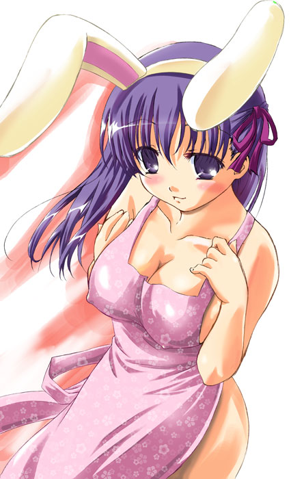animal_ears apron blush breast_squeeze breasts bunny_ears cleavage covered_nipples fate/stay_night fate_(series) hair_ribbon large_breasts long_hair matou_sakura naked_apron purple_eyes purple_hair q-gaku ribbon solo