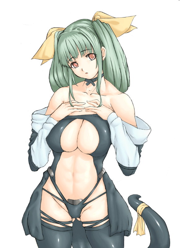 :o black_legwear black_panties breasts brown_eyes choker cleavage detached_sleeves dizzy dress green_hair guilty_gear hair_ribbon large_breasts long_sleeves open_clothes open_dress panties revealing_clothes ribbon simple_background solo standing star_(starpage) tail tail_ribbon thighhighs thong twintails underwear white_background