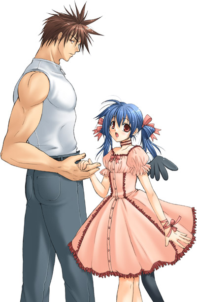 1girl artist_request bare_arms belt blue_hair brown_hair choker dizzy dress father_and_daughter guilty_gear hair_ribbon height_difference holding_hands muscle red_eyes ribbon shirt slacks sleeveless sleeveless_shirt sol_badguy tail wings wrist_ribbon