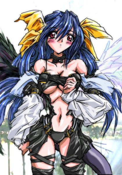 artist_request asymmetrical_wings blue_hair dizzy guilty_gear red_eyes solo tail thighhighs wings