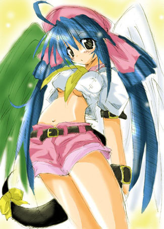 artist_request asymmetrical_wings blue_hair breasts dizzy guilty_gear large_breasts long_sleeves lowres ribbon solo tail tail_ribbon underboob wings