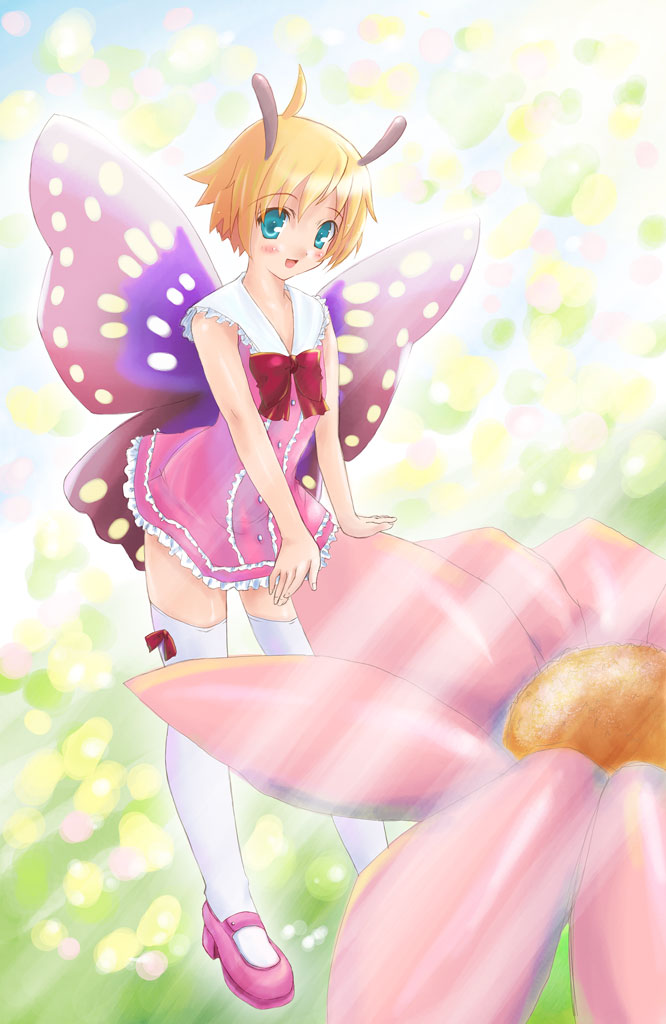 antennae blonde_hair bug butterfly fairy full_body insect kisaragi_miyu mary_janes shimon shimotsuma shoes solo thighhighs wings