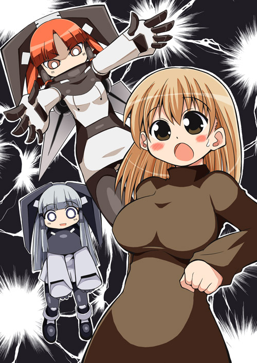 :o blonde_hair blush breasts brown_eyes celebi_ryousangata large_breasts long_hair long_sleeves multiple_girls open_mouth orange_hair original pantyhose silver_hair twintails