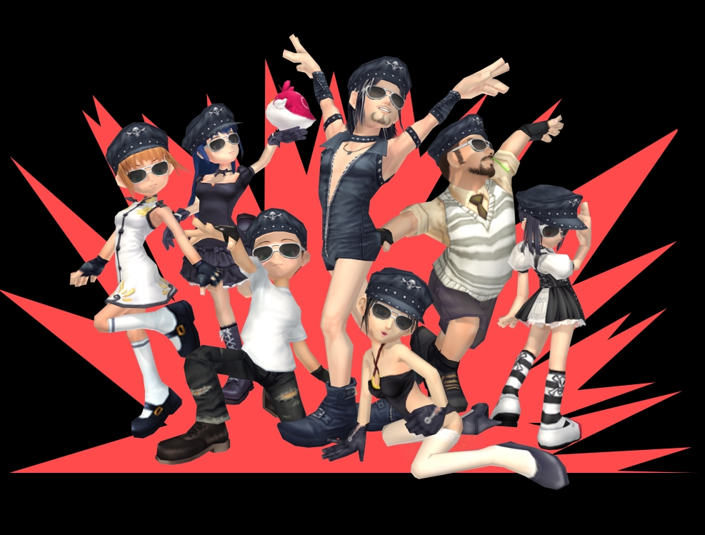 3d 4girls artist_request cabbie_hat character_request everyone hard_gay hat leather multiple_boys multiple_girls pangya pose sunglasses thighhighs