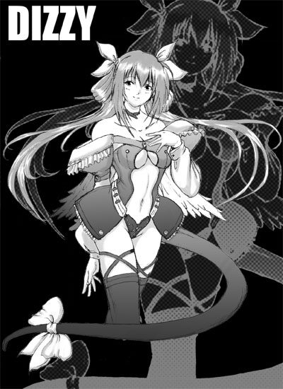 artist_request breasts center_opening collarbone cropped_legs detached_sleeves dizzy greyscale groin guilty_gear hair_ribbon hand_on_own_chest large_breasts long_hair long_sleeves looking_at_viewer monochrome navel ribbon smile solo tail thighhighs underboob very_long_hair wings