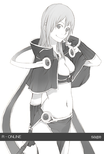 bandeau bangs breasts capelet cleavage elbow_gloves fingerless_gloves gloves greyscale groin holding long_hair looking_at_viewer lowres medium_breasts midriff monochrome navel pelvic_curtain ragnarok_online sage_(ragnarok_online) smile solo white_background yoshito