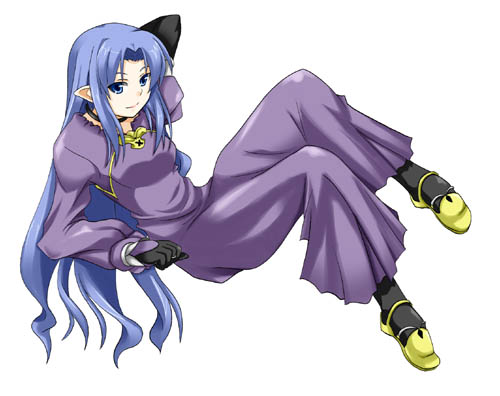 black_gloves black_legwear blue_eyes blue_hair caster choker dress fate/stay_night fate_(series) full_body gloves long_dress long_hair long_sleeves lowres lying on_back pointy_ears purple_dress shoes sidelocks silvermoon simple_background smile solo very_long_hair white_background yellow_footwear