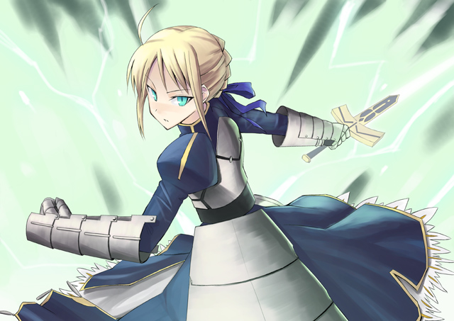 ahoge aqua_eyes armor armored_dress artoria_pendragon_(all) blonde_hair dress excalibur fate/stay_night fate_(series) faulds gauntlets green_eyes kakifly long_sleeves saber solo sword weapon