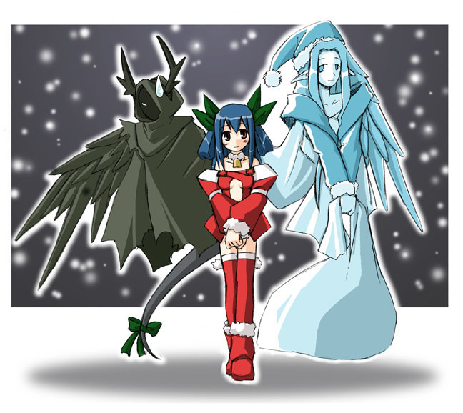 antlers artist_request asymmetrical_wings bell bell_collar blue_hair blush christmas collar dizzy guilty_gear hat necro_(guilty_gear) pointy_ears red_eyes ribbon sack santa_costume santa_hat smile snow snowing sweatdrop tail tail_ribbon thighhighs undine_(guilty_gear) wings zettai_ryouiki