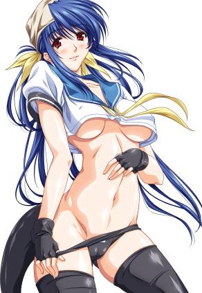 black_gloves black_legwear black_panties blue_hair blue_sailor_collar blush bow breasts dizzy fingerless_gloves gloves guilty_gear large_breasts lowres midriff navel panties panty_pull racco red_eyes sailor_collar simple_background solo tail thighhighs underboob underwear white_background