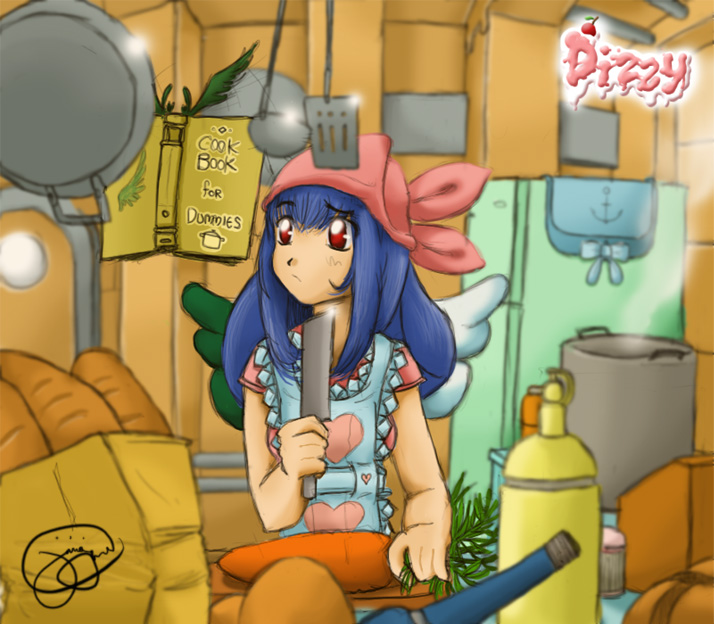 :/ apron artist_request asymmetrical_wings bag baguette blue_hair book bread carrot cooking dizzy food grocery_bag guilty_gear head_scarf indoors knife ladle long_sleeves red_eyes refrigerator shopping_bag solo vegetable wings