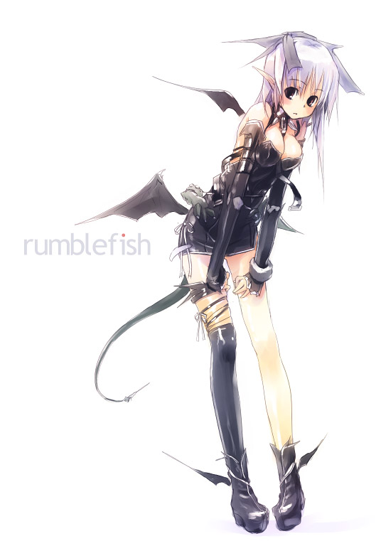 long_hair low_wings original pink_hair pointy_ears refeia solo tail thighhighs wings