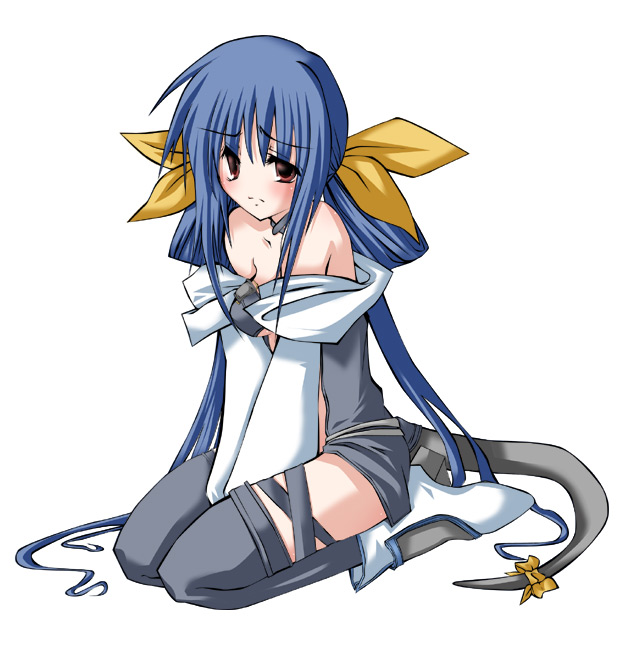 artist_request bare_shoulders blue_hair breasts choker cleavage collarbone dizzy dress frown full_body guilty_gear hair_ribbon long_hair long_sleeves medium_breasts red_eyes ribbon seiza shoes simple_background sitting solo tail thighhighs twintails very_long_hair white_background