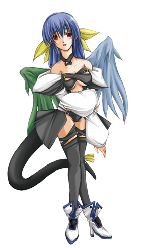 artist_request asymmetrical_wings bad_anatomy blue_hair dizzy guilty_gear lowres red_eyes ribbon solo tail tail_ribbon thighhighs wings