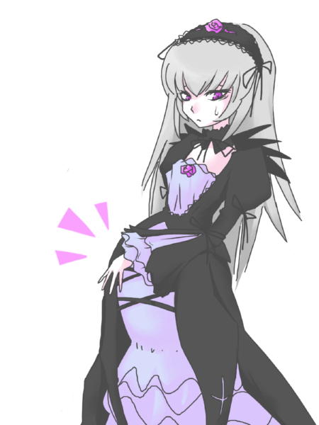 :&lt; artist_request bangs choker cleavage_cutout coat dress frilled_dress frills hairband hand_on_own_stomach lavender_hair long_hair long_sleeves looking_at_viewer nervous oekaki pregnant puffy_sleeves rozen_maiden simple_background solo standing suigintou sweatdrop white_background wide_sleeves