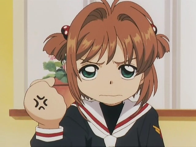 90s anger_vein antenna_hair black_shirt brown_hair cardcaptor_sakura clenched_hand flower frown green_eyes hair_bobbles hair_intakes hair_ornament indoors kinomoto_sakura long_sleeves pink_flower plant potted_plant sailor_collar school_uniform screencap serafuku shirt short_hair short_twintails solo tomoeda_elementary_school_uniform twintails wavy_mouth white_neckwear white_sailor_collar