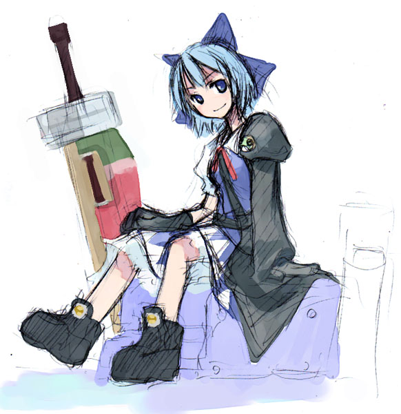 advent_cirno artist_request blue_eyes blue_hair bow cirno coat final_fantasy final_fantasy_vii final_fantasy_vii_advent_children full_body hair_ribbon long_sleeves parody ribbon shoes short_hair sitting smile solo sword touhou weapon white_background