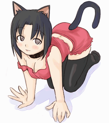 :3 all_fours animal_ears animated animated_gif arm_support bangs black_hair black_legwear blush breasts cat_ears cleavage collar empty_eyes eyebrows_visible_through_hair facing_viewer feet graphite_(medium) kneeling large_breasts looking_to_the_side loose_clothes loose_shirt lowres maria-sama_ga_miteru mizuno_youko pants parted_bangs red_pants red_shirt shirt short_hair shorts skindentation smile soles solo tail thighhighs traditional_media