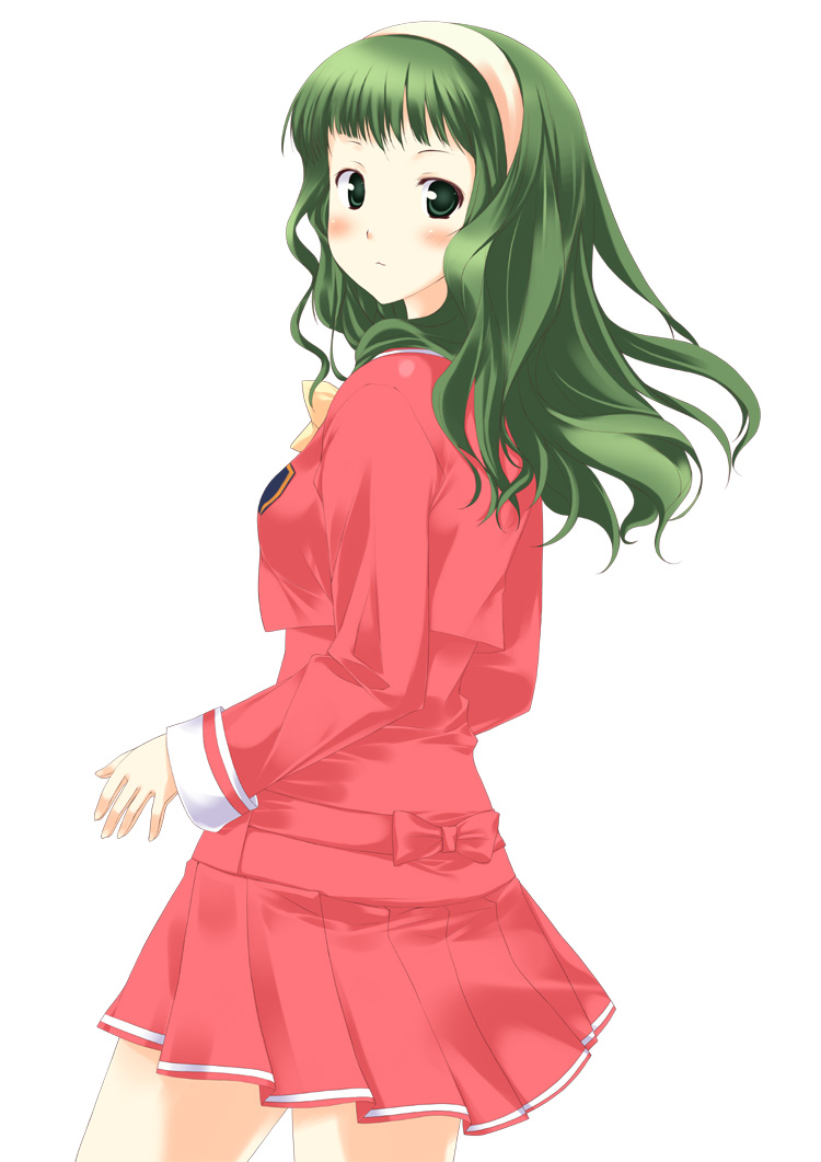 blush green_eyes green_hair hairband kamiizumi_yasuna kashimashi long_sleeves mizuki_makoto pleated_skirt school_uniform skirt solo